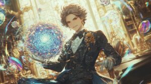 alt:AI思考停止の不安を克服する。AIを指先で操るホスト風の日本人男性。ゴシック風の派手なスーツを着て、知的に遊びこなす様子を描いたアイキャッチ。